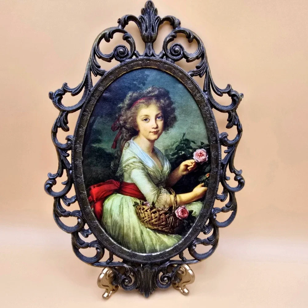 Vintage Made in Italy Ornate Metal Oval Frame Portrait Print Girl Flower Basket